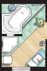 Badideen Grundriss Badezimmer mit Badewanne und 5-Eck-Dusche