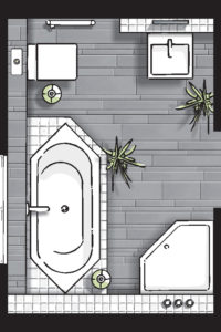 Badideen Grundriss Badezimmer mit 5-Eck-Dusche und Badewanne