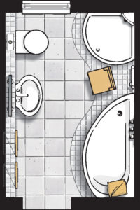 Badideen Grundriss Badezimmer mit Viertelkreis-Dusche und Raumsparbadewanne