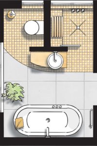 Badideen Grundriss Badezimmer mit Badewanne und Walk-In-Dusche