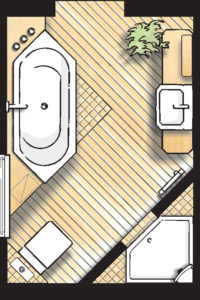 Badideen Grundriss Badezimmer mit Badewanne und 5-Eck-Dusche