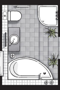 Badideen Grundriss Badezimmer mit Raumsparbadewanne und Viertelkreis-Dusche