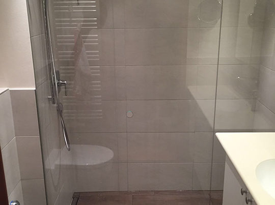 Die Dusche eines 4,3 qm kleinen Duschbads mit Vinylplatten nach der Badsanierung durch Bäder Dunkelmann.